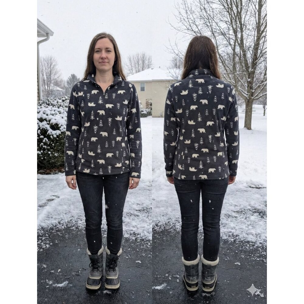 Eddie Bauer Women M Fleece Pullover 1/4 Zip Polar Bear Pine Tree Black